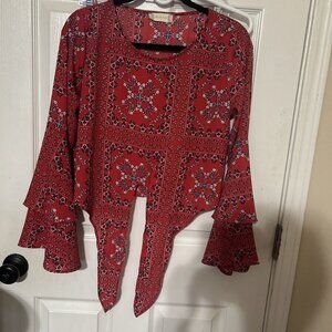 Altar'd State Mackenzie Top Small Red Bandana Print Front Tie Bell Sleeve Blouse